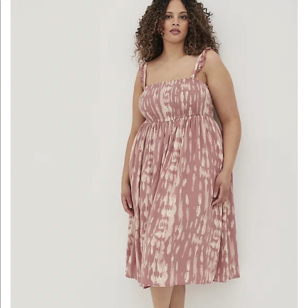 TORRID tie dye rose challis ruffle strap midi dress
